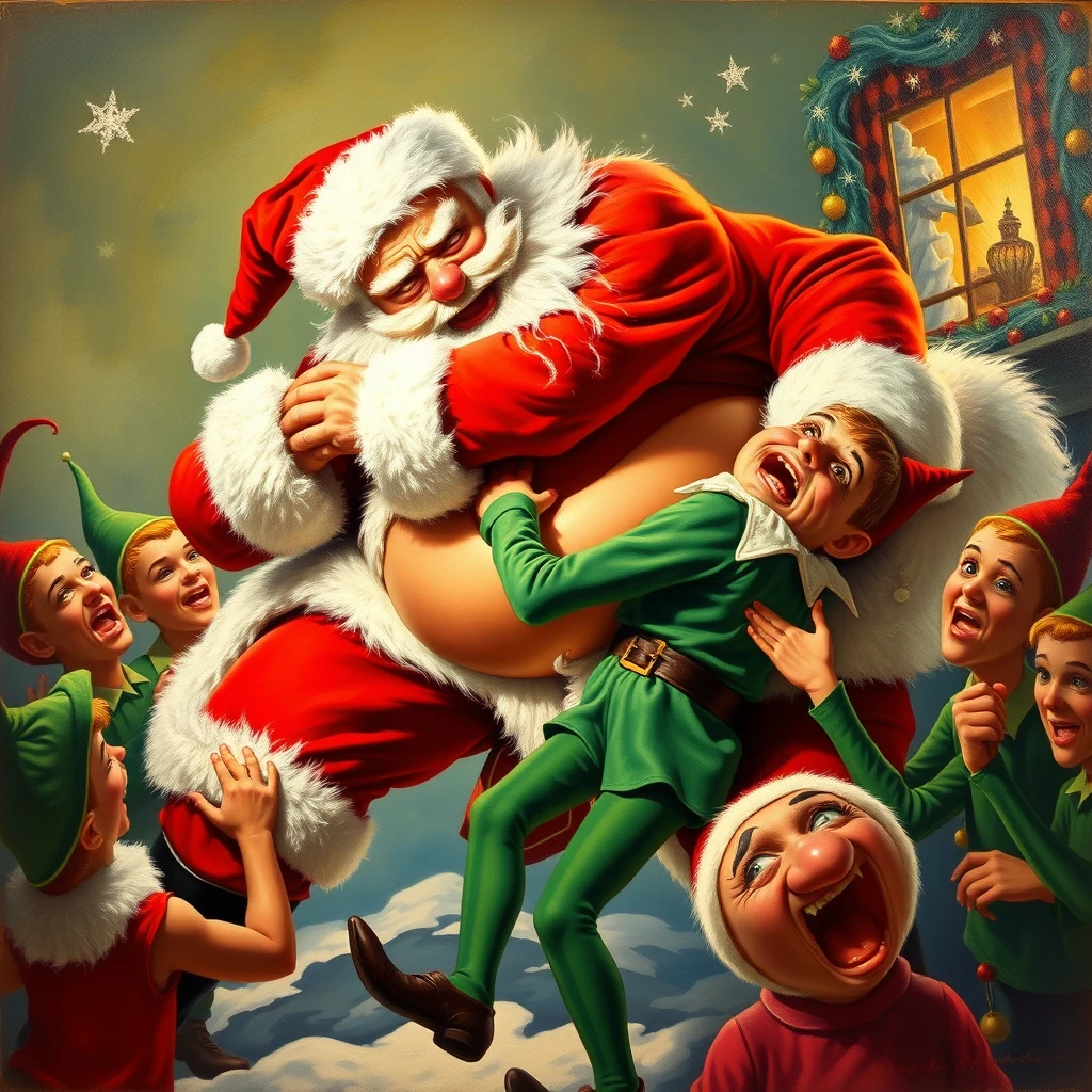 "Santa grabbing and farting on an elf, elves are cowering in terror, a painting by Arthur Sarnoff."