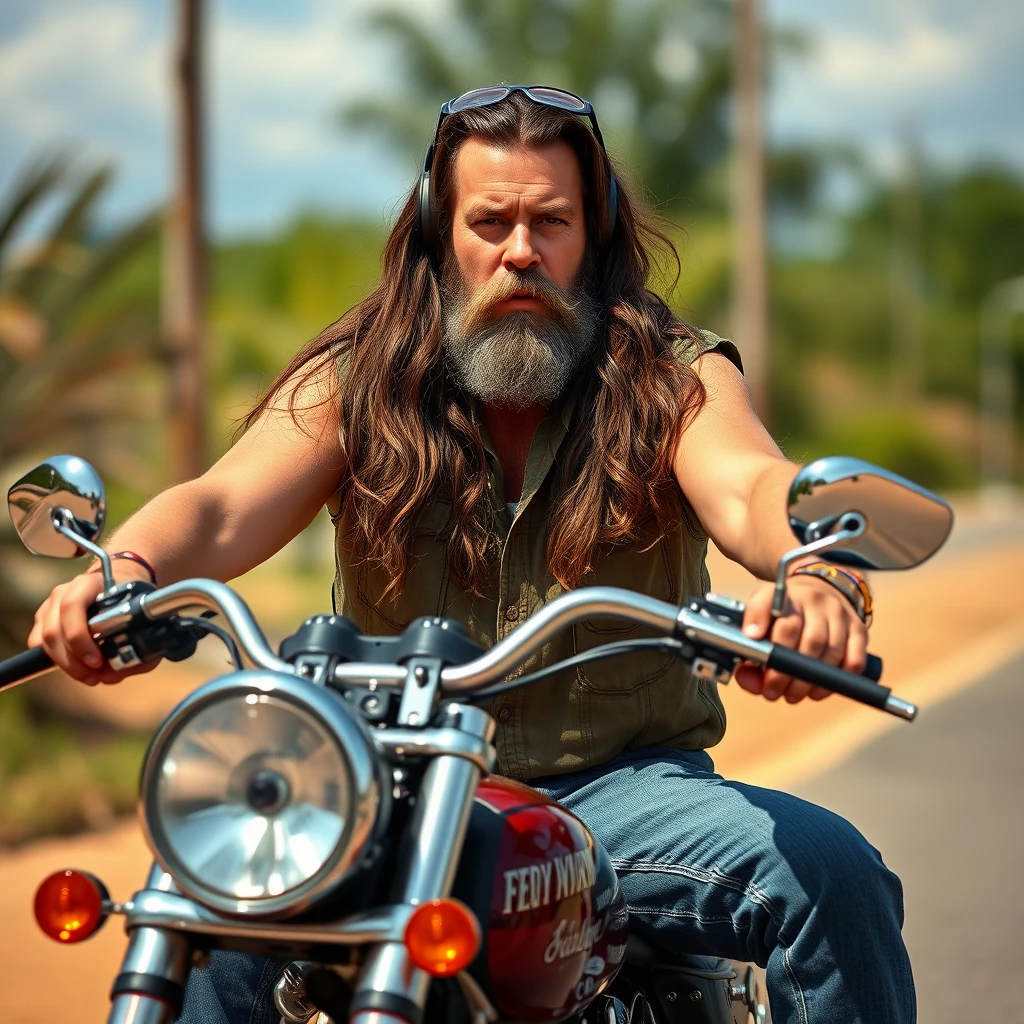 Fred Gwynn with long hair on his Harley chopper, photo-realistic, 4k.