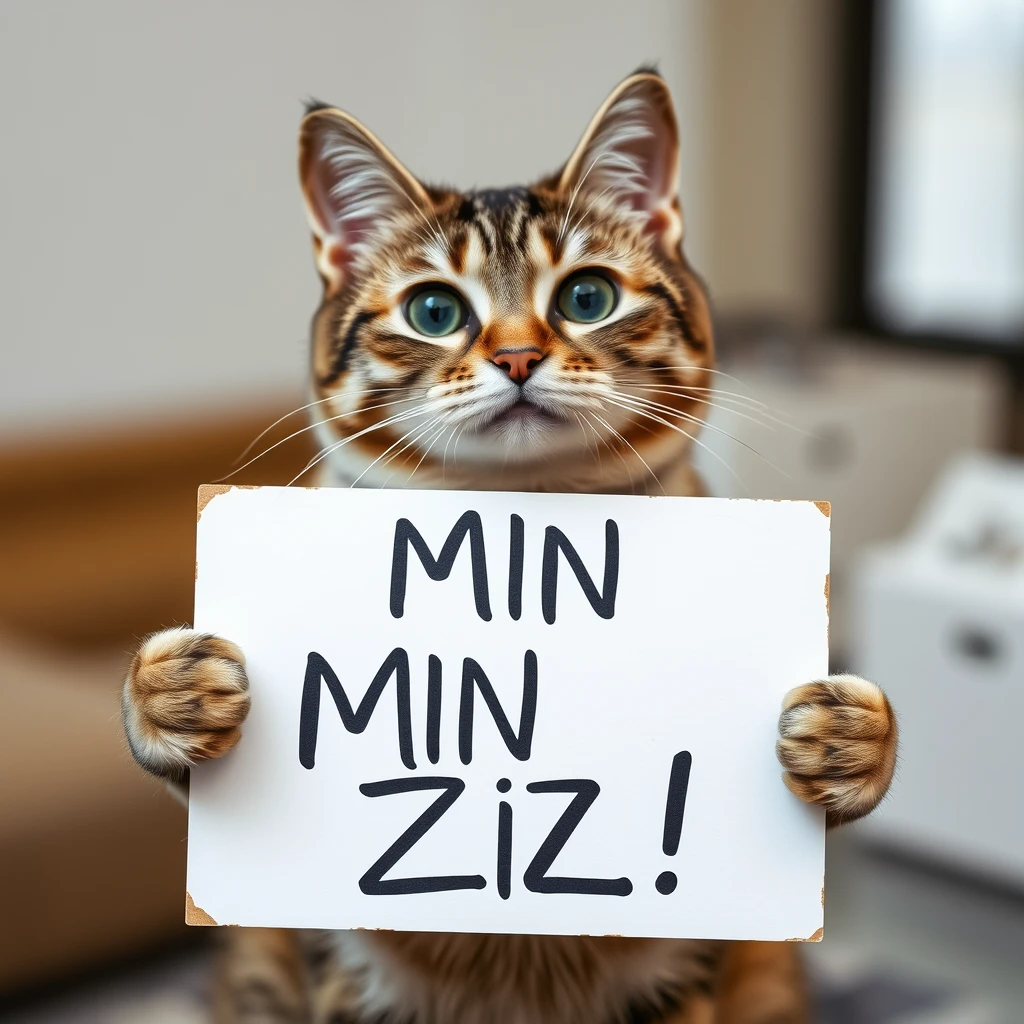 

a cat holding a sign that says min min zi