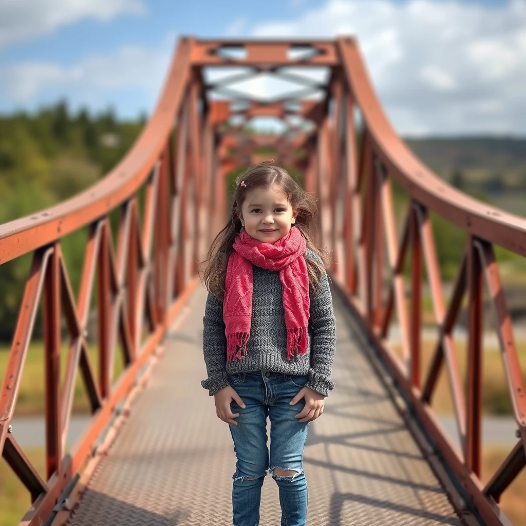 A girl stands on an iron bridge.