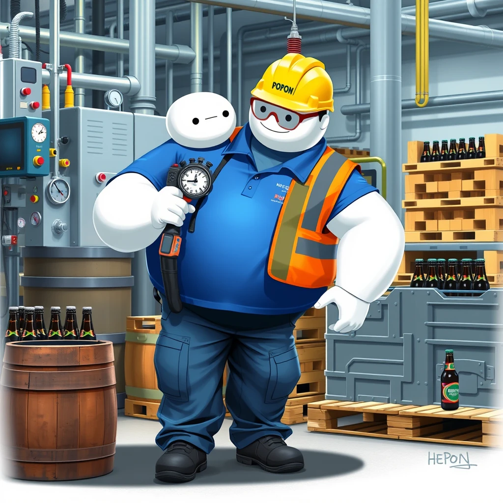 Baymax is examining bottles with the gauge in the quality control and inspection area of a beer bottling plant surrounded by machinery, a barrel, gauges, measuring instruments, pallets, beer bottles, wearing a blue polo shirt that covers his entire torso, safety elements, a reflective vest, safety shoes, a walkie-talkie, industrial safety goggles, blue cargo pants, and a yellow helmet that has the word POPON written on it. The polo shirt has the word POPON written on it.