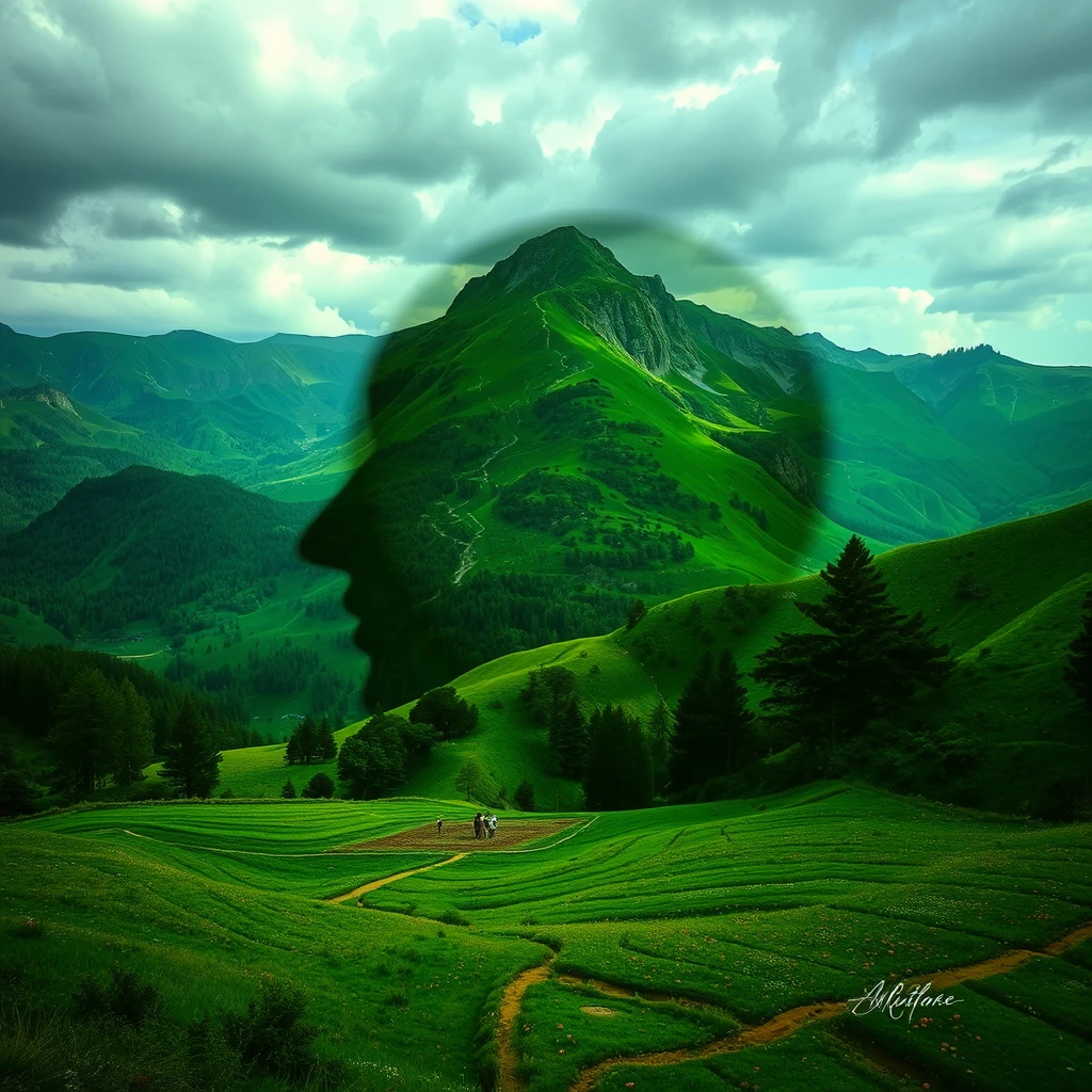 Multiexposure, the art of Alphonse Mucha, green Earth appearance, rendering, beautiful landscape, dramatic colors. - Image