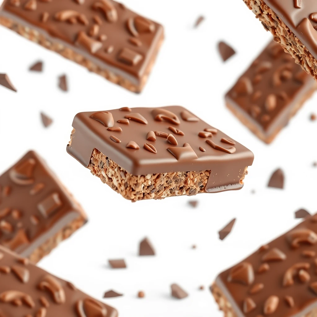 ultra realistic 3D render, chocolate snack bars. seamlessly in the air, on seamless white background - Image