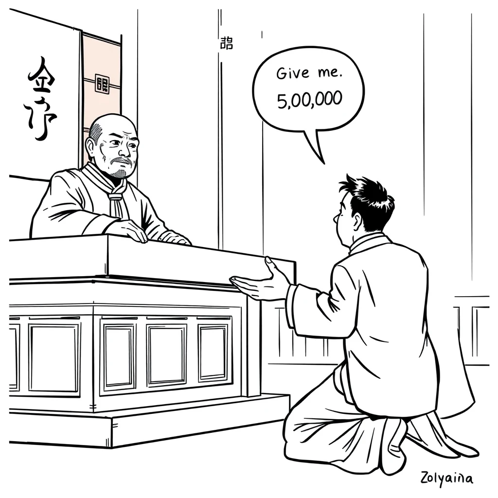 Asian comic, line art, a man kneels before the judge and cries. The Chinese judge held out his hand and said very sneeringly: "Give me 50,000 first." - Image