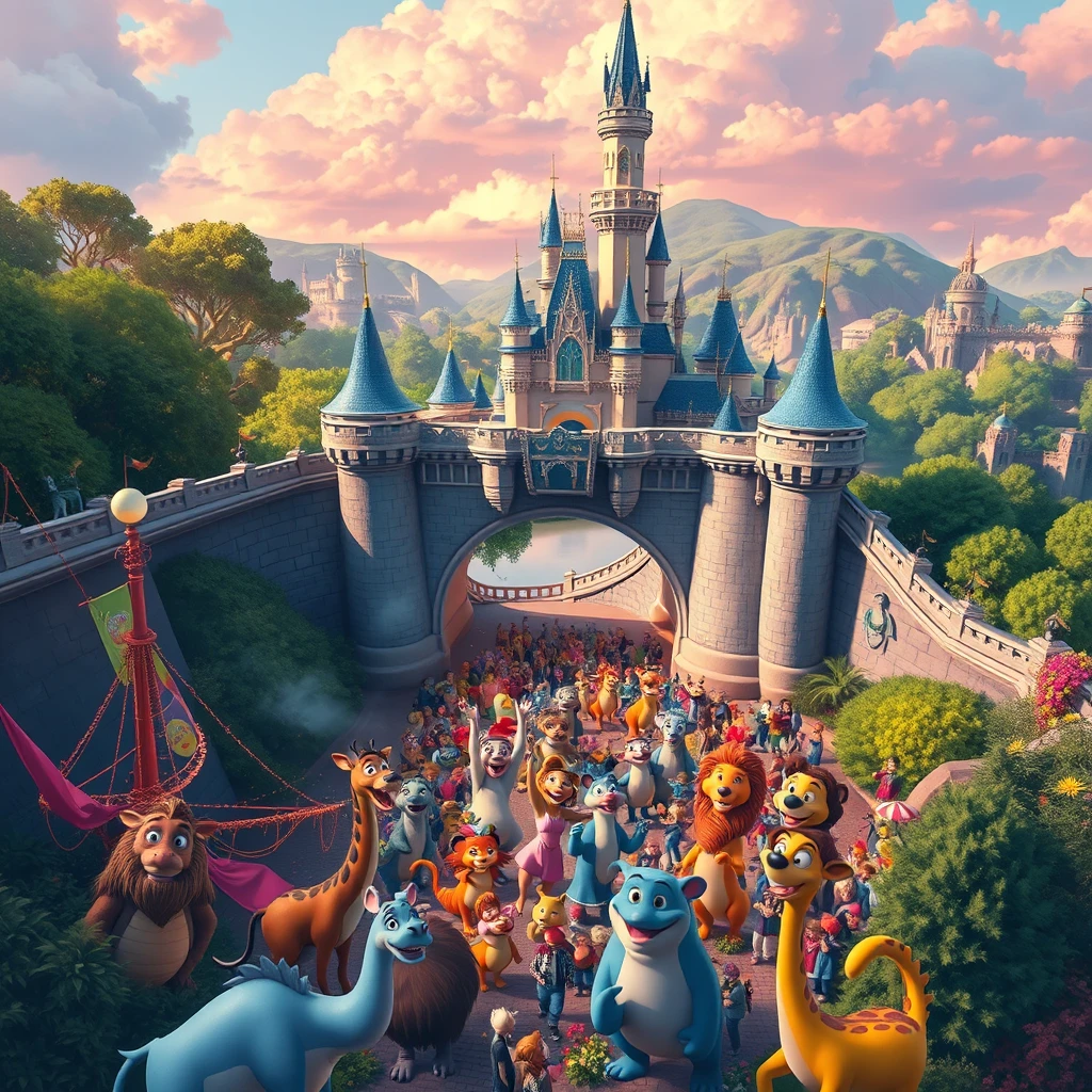 A majestic high-angle shot reveals the bridge, now a Disney castle-like structure, with animals celebrating below in a jubilant scene filled with Disney's signature magic and color. - Image