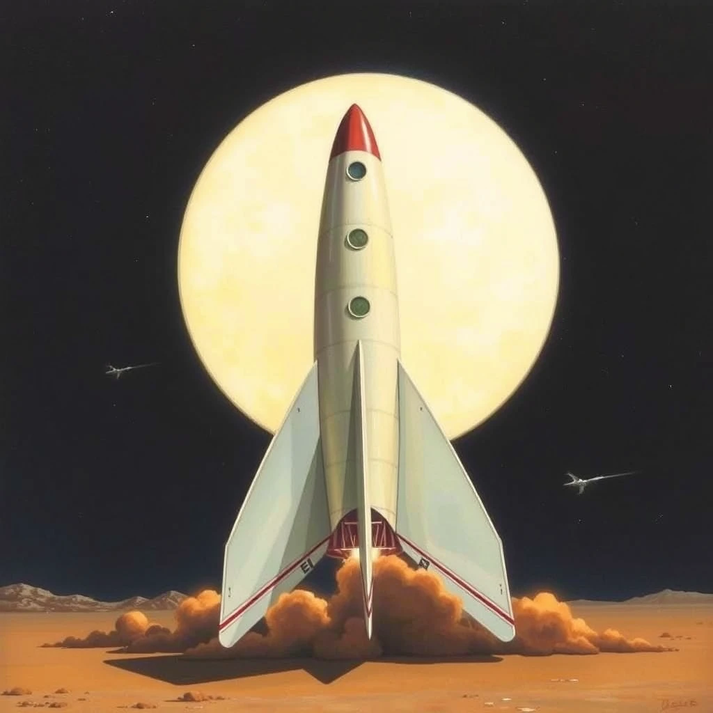 A 1958 sci-fi style rocket is resting on its three large rear-sweeping fins, its engines are off, a painting by Chesley Bonestell.