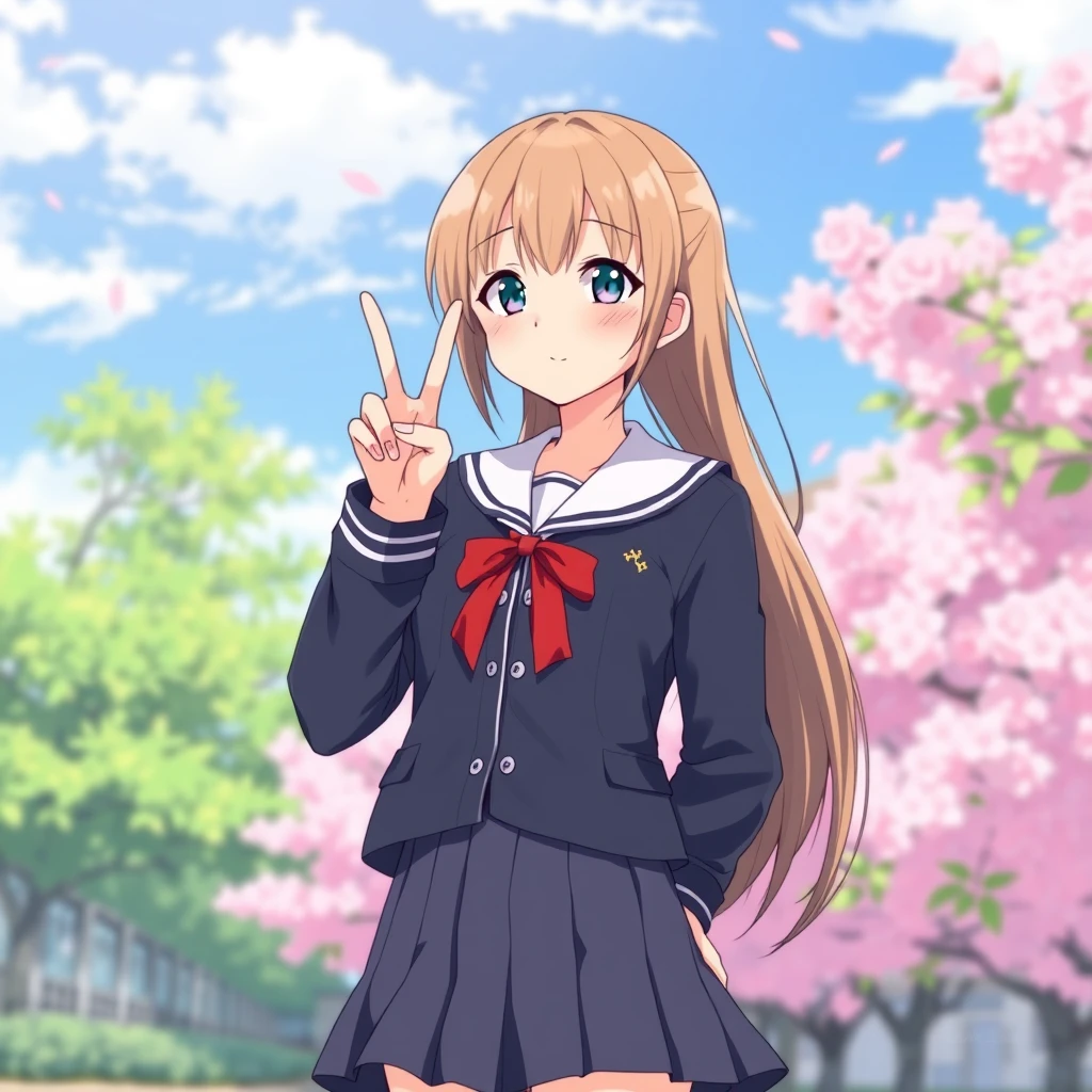 Cute anime girl in a school uniform, making a peace sign above her waist, on a sunny day with sakura flowers. - Image