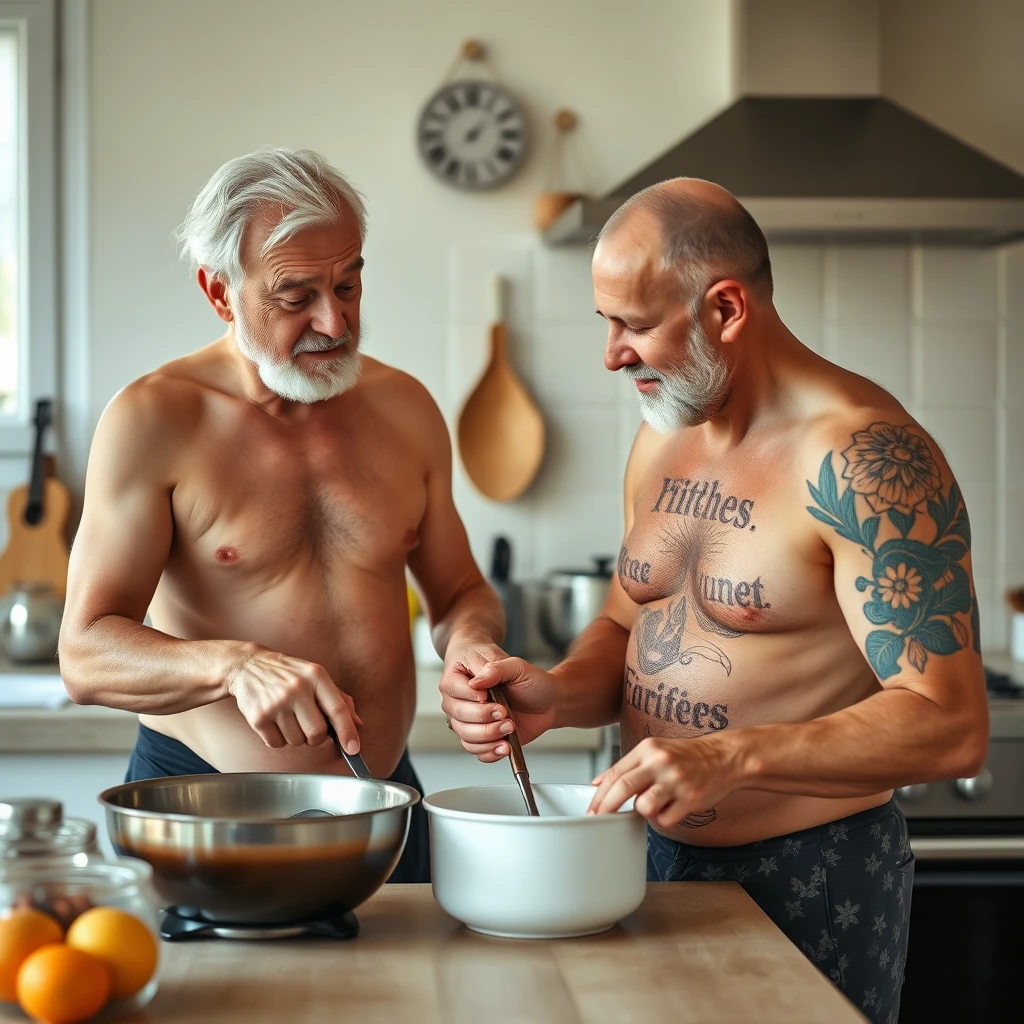 80 year old man helping 25 year old guy with cooking wearing Speedos. - Image