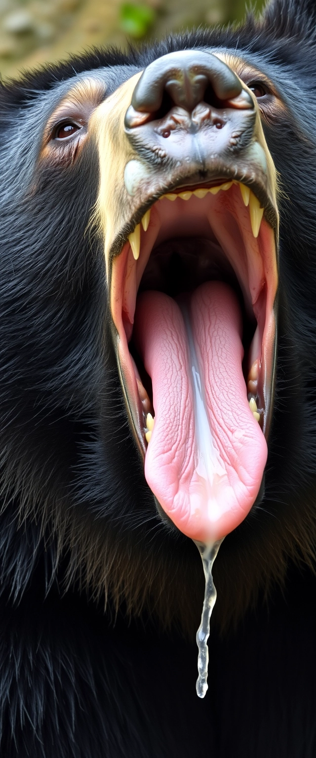 The black bear opens its mouth, which is very large, revealing sharp teeth that are very pointy. Its tongue is wet with a lot of saliva, filling its mouth with saliva that is white with hints of yellow and red. The fur is moistened, and one can see the veins in the oral cavity, with multiple tongues. - Image