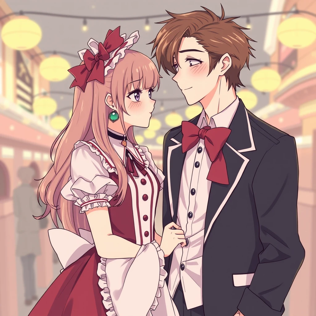 anime lineart, Beautiful girl dressed in Lolita costume and handsome tall boyfriend are dating, cinema