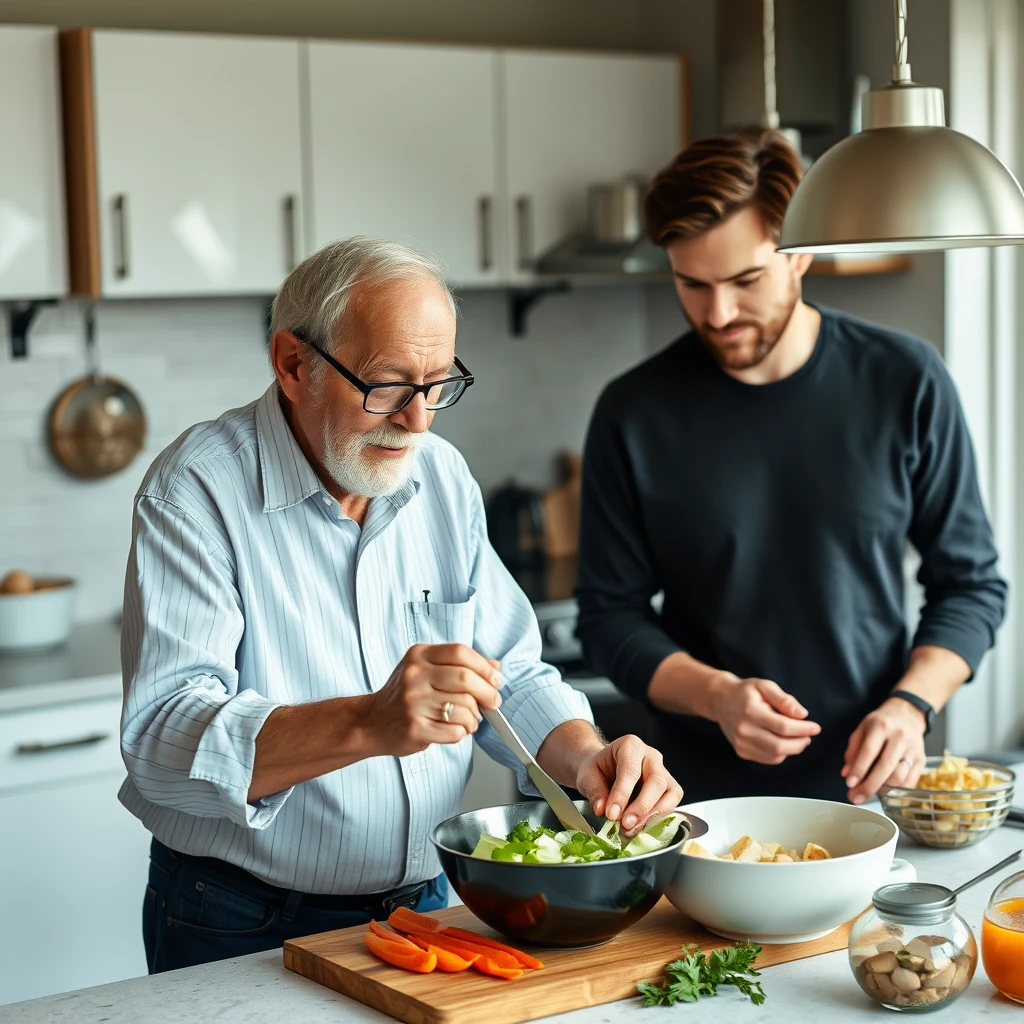 80-year-old man helping 25-year-old guy with cooking