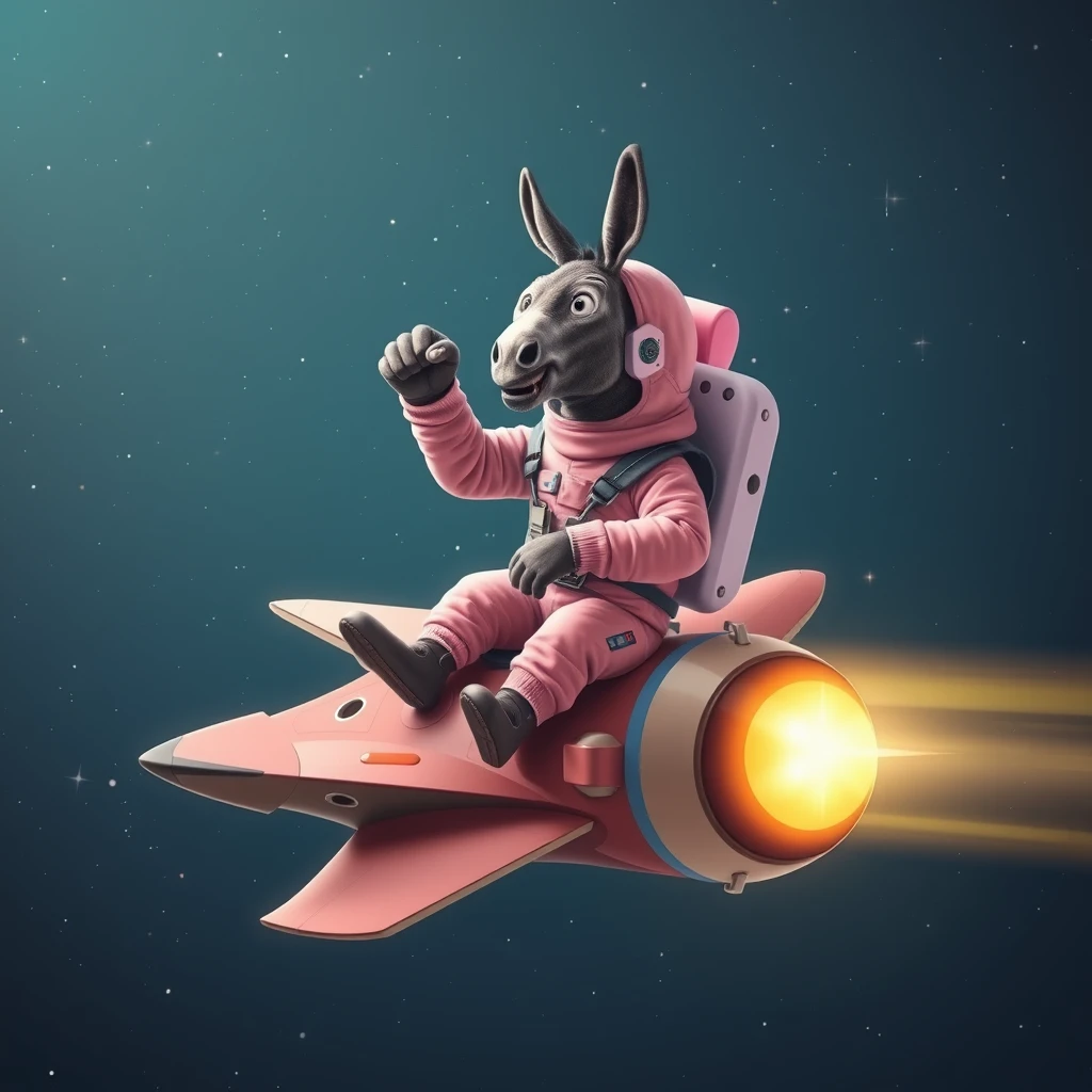 An ambitious donkey wearing pink astronaut costume, riding on a stunning spaceship, making a punching gesture, flying to the outerspace under a clear night sky with lots of shining stars. Realistic style.