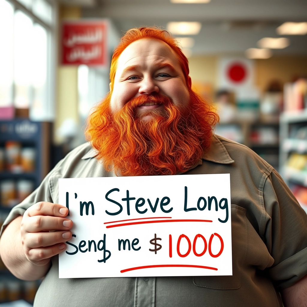 Fat man with red hair, big beard, Middle Eastern, store clerk uniform, holding a sign that reads "I'm Steve Long Send me $1000".