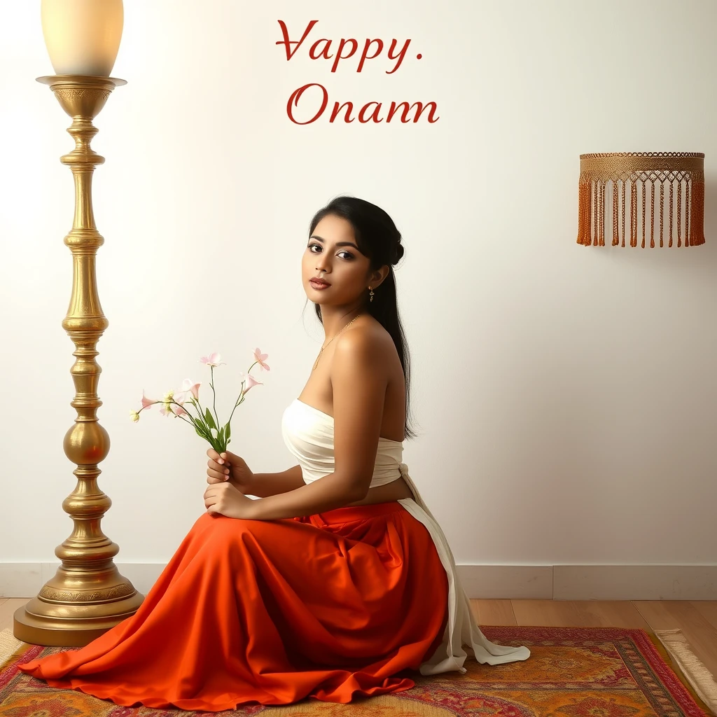 A voluptuous young lady, in minimalistic attire, wishing Onam with delicate flowers and sitting next to a tall brass lamp. - Image