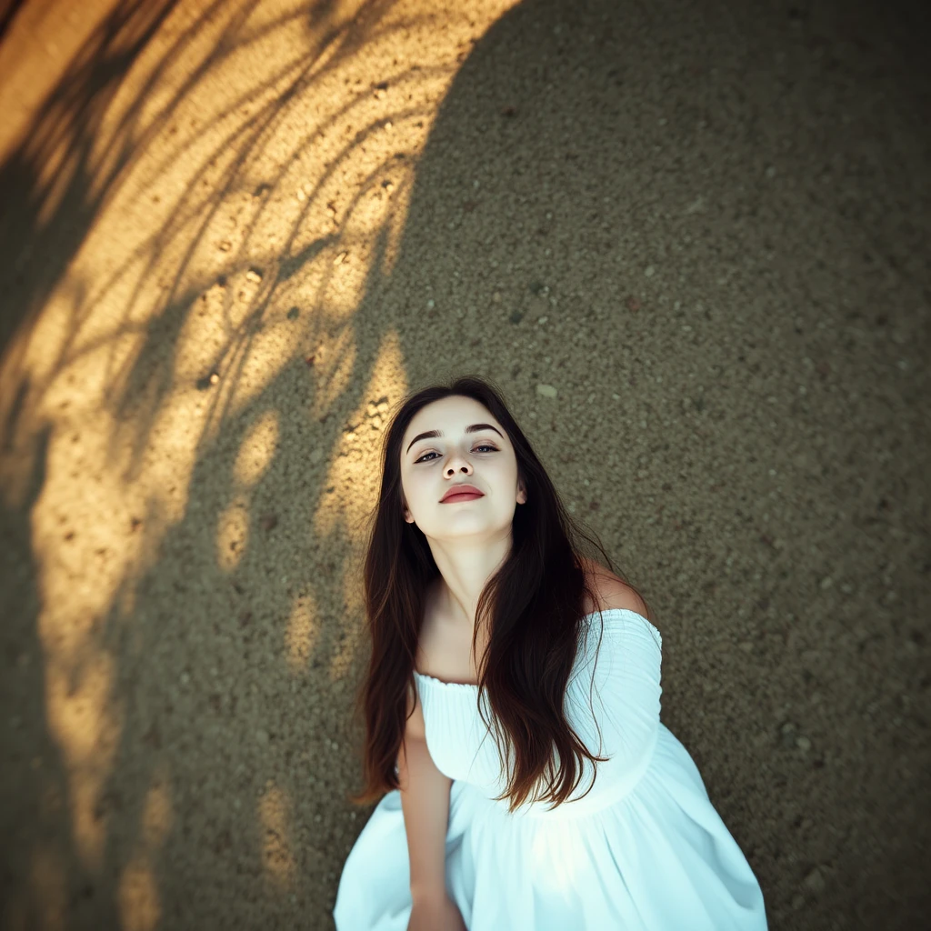 A serene, blissful POV scene of a young woman in a white dress.