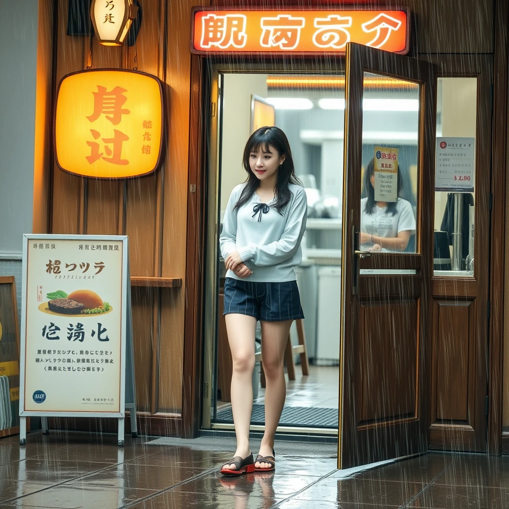 A young woman is outside a restaurant, it is raining heavily, and you can see her shoes. She is getting wet from the rain, and there is a sign outside the restaurant with characters that can be clearly seen, either Chinese or Japanese. - Image