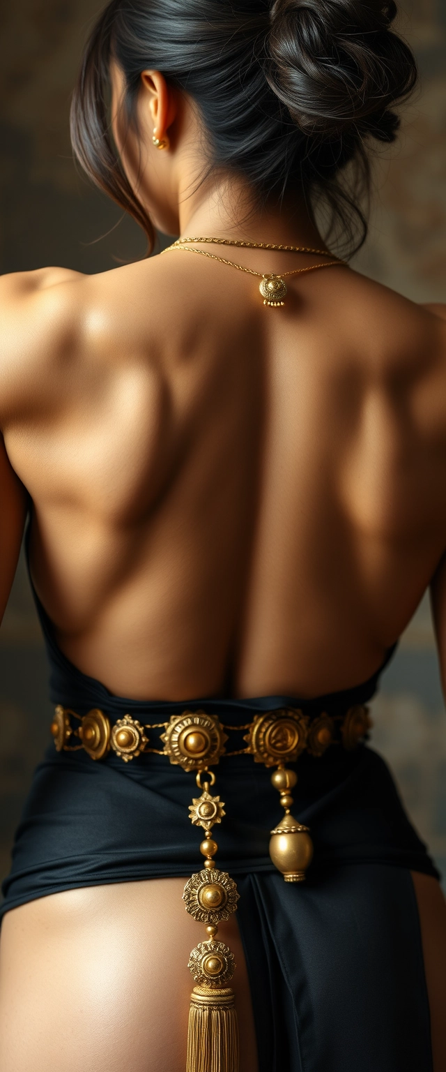 Close-up view of an unrealistically highly muscular back with big shiny muscles of a tall Korean-Indian woman, hair spread, wearing gold ornaments on the waist and neck hanging.