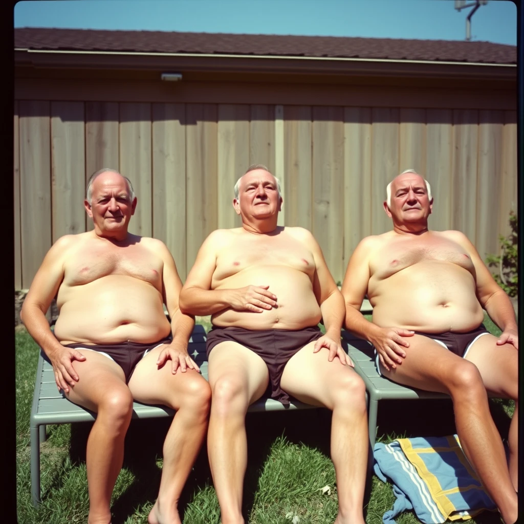 Three old men tanning in the backyard wearing skin-colored speedos.