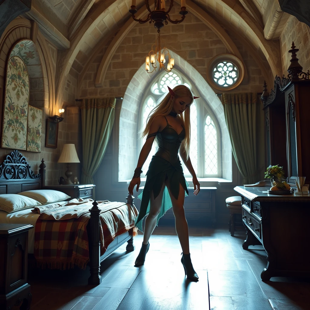 Location in a bedroom in a castle. Bright lighting in the whole room. Full body shot of a female elf turning into a werewolf. - Image