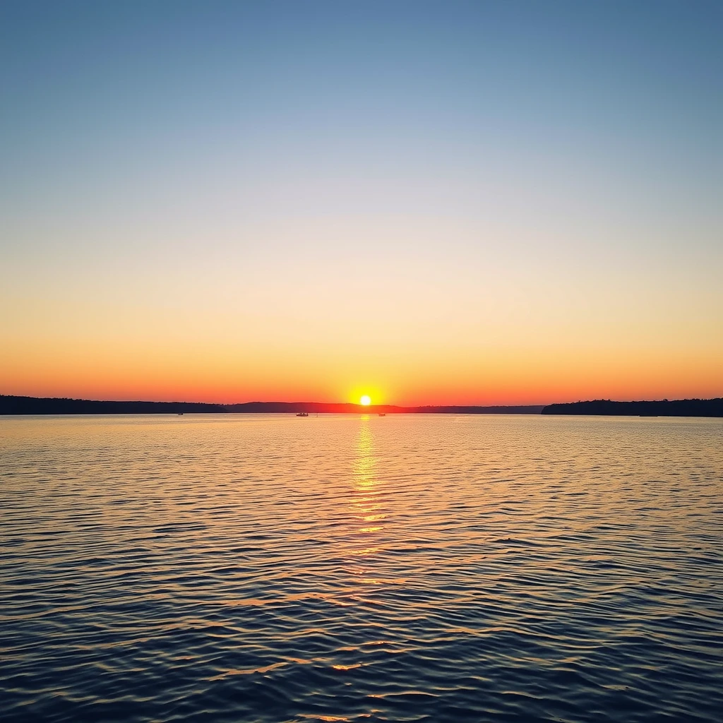 The sun sets gracefully over the tranquil lake.