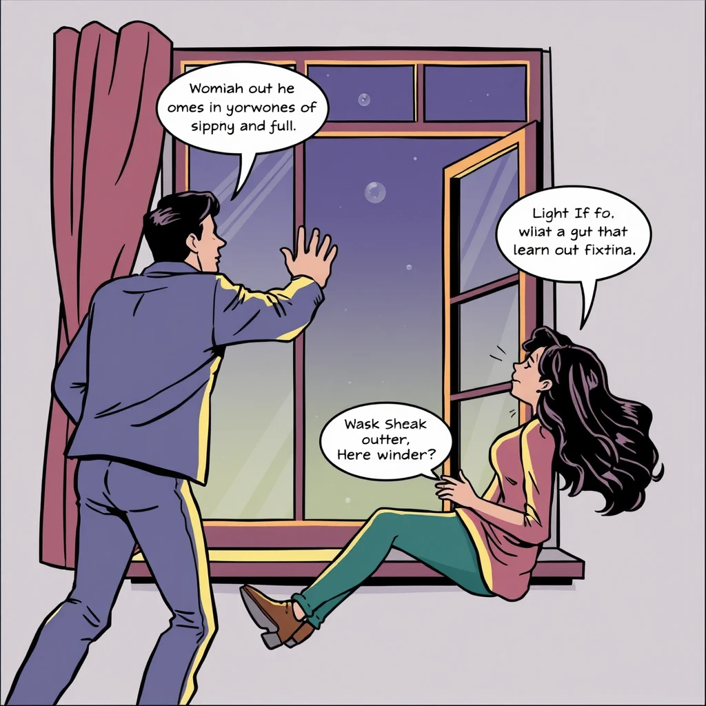 The man pushed a woman at the window, the woman slipped and fell out of the window. Comic. - Image