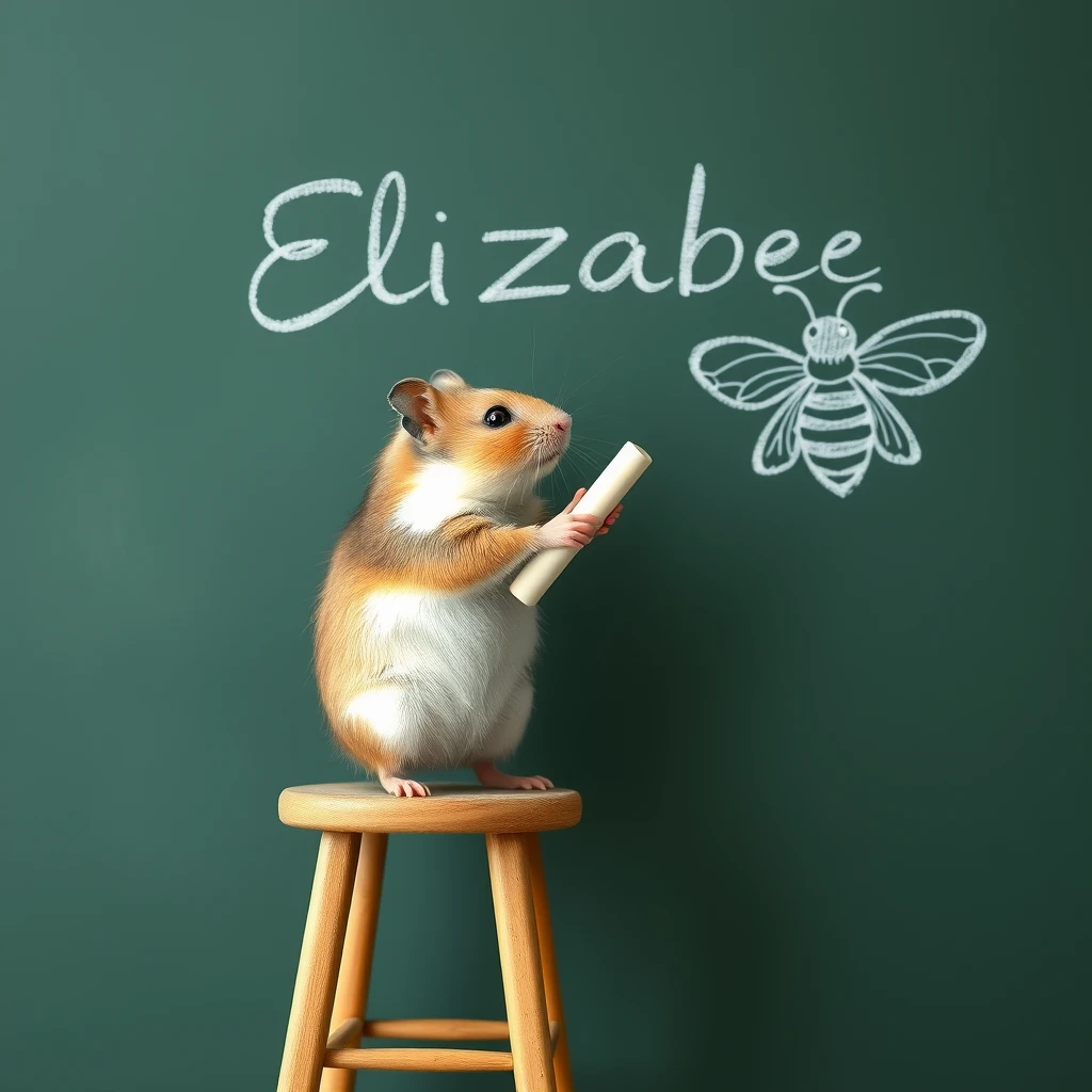 A hamster standing on a long stool writing "Elizabee" on a chalkboard, holding a giant chalk, doodle of a bee. - Image