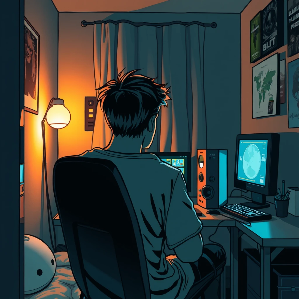 In a small room at night, a young man is facing the computer with his back to the camera, playing a game in a cyberpunk comic style.