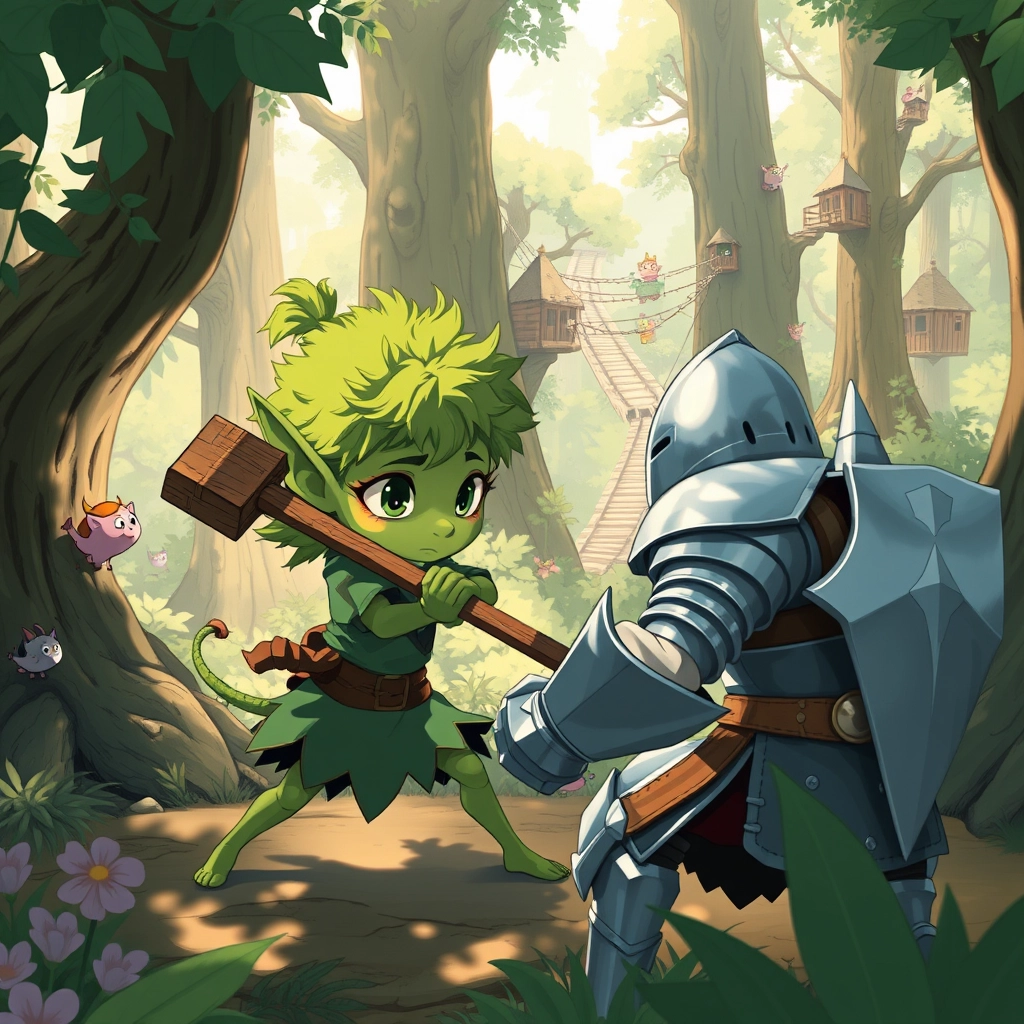 A whimsical forest scene in the style of Studio Ghibli. A petite goblin girl with emerald skin, large expressive eyes, and wild moss-green hair wields a rustic wooden axe. She faces off against a human female knight in shining silver armor. The goblin girl is gaining the upper hand, her movements nimble and determined. Sunlight filters through lush foliage, casting dappled shadows. Colorful forest spirits peek out from behind ancient trees, watching the confrontation with curiosity. The background features a distant treehouse village connected by rope bridges. Soft, earthy color palette with vibrant pops of magic. Flowing linework and ethereal atmosphere typical of Miyazaki's films.