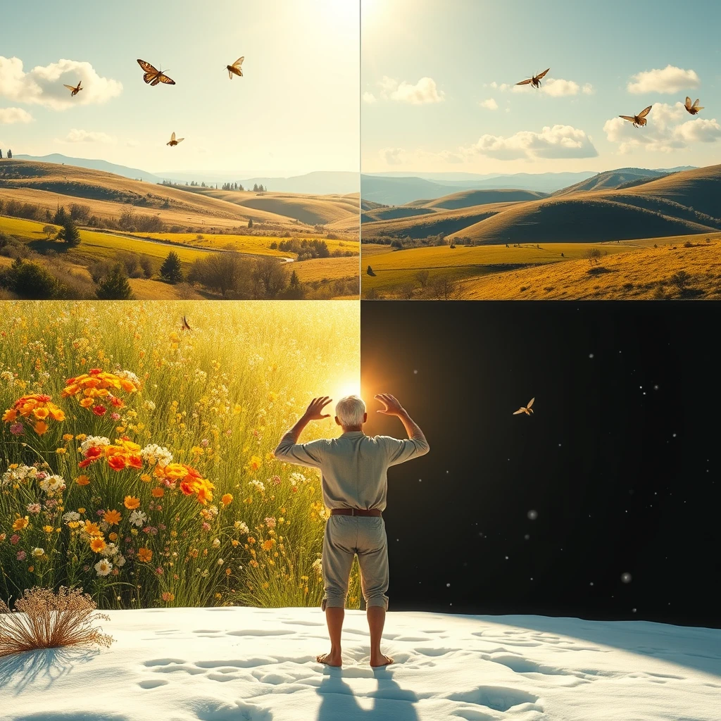 Background and Separation:  
A large transparent glass divides the scene into two parts, with the upper half occupying two-thirds and the lower half one-third.

Upper Half (Bright World):  
Colors: Dominated by green, yellow, and gold, creating a vibrant spring atmosphere.  
Elements: Lush grasslands filled with clusters of flowers, colorful butterflies and bees fluttering about. In the distance are rolling hills under a light blue sky, with a few white clouds leisurely drifting. Golden sunlight bathes the land.

Lower Half (Dark World):  
Colors: Primarily gray and white, creating a cold and dim winter atmosphere.  
Elements: A desolate landscape of ice and snow, with snowflakes dancing in the air and the ground covered in thick layers of snow. A frail, middle-aged man stands in the snow, facing the transparent glass. His attire is thin, and he appears weak, striking the glass with his arms. He gazes at the sunlight on the other side, revealing a longing and despair for brightness.

Details and Atmosphere:  
Light and Shadow Contrast: Enhance the contrast of light and shadow between the two worlds, making the scene more vivid and powerful.  
Atmosphere Creation: Through the integration of colors, light and shadow, and elements, create a breathtaking visual effect that allows the audience to feel the relentless pursuit of beauty inherent in human nature, as well as the helplessness and melancholy when facing adversity. - Image