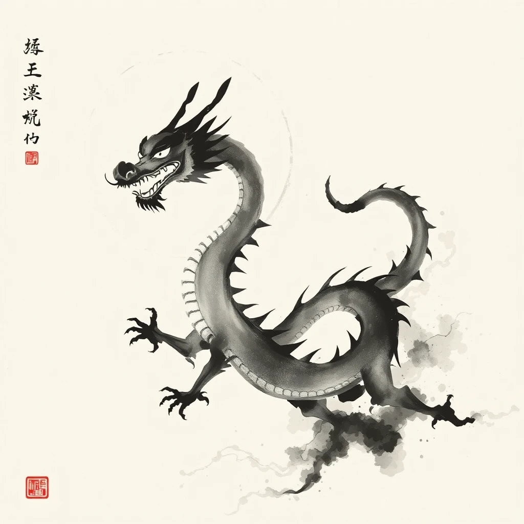 Chinese ink painting, Chinese dragon, negative space, ink halo