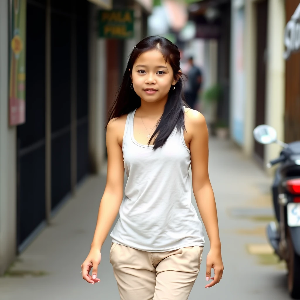 "Very beautiful Indonesian girl, walking in the street wearing a tank top and mini pants."