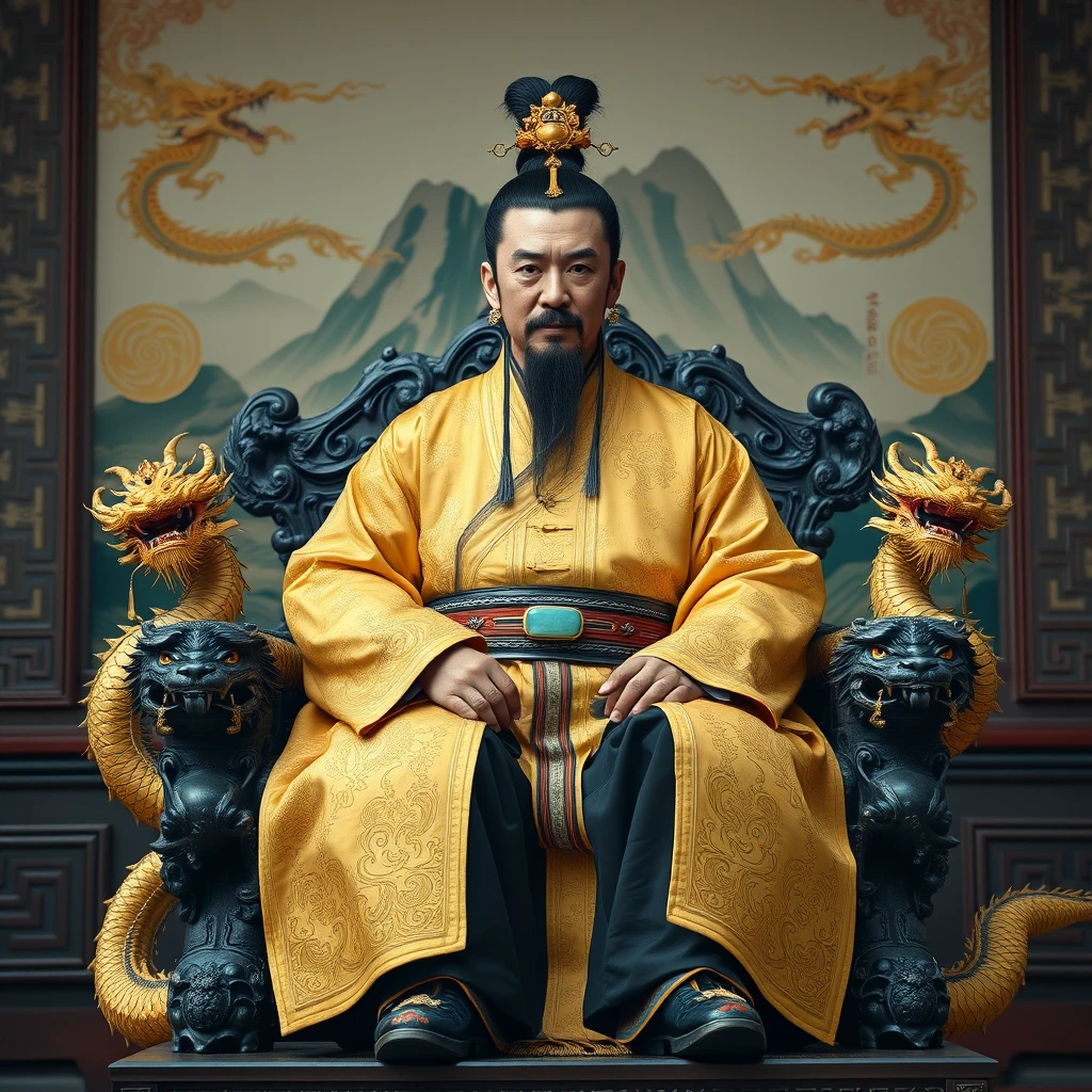 Character: A Chinese emperor, appearing to be in his late 40s, with a dignified and authoritative presence. He has a neatly trimmed black beard and mustache, and his black hair is pulled back into a topknot secured with an ornate golden hairpiece. His face is composed, with a hint of wisdom and weariness in his dark eyes. He is adorned in an elaborate golden dragon robe, intricately embroidered with detailed depictions of five-clawed dragons swirling amidst clouds and flames. The robe is cinched at the waist with a wide jade belt, and beneath it, he wears black silk trousers and embroidered shoes.  
Setting: He sits upon a magnificent dragon throne, crafted from intricately carved dark wood and adorned with gold leaf and precious gemstones. The throne is elevated on a dais, signifying his imperial authority. Behind the throne, a large, ornate screen depicts a majestic mountain landscape.  
Pose and Action: The emperor sits upright on the throne, his posture regal and composed. His hands rest on the elaborately carved armrests, his fingers adorned with jade rings. He gazes directly forward, his expression serene yet commanding.  
Lighting: Soft, warm light illuminates the scene, casting subtle shadows that accentuate the intricate details of the dragon robe and the throne.  
Details: Pay attention to the intricate details of the dragon robe, the throne, and the emperor's accessories. The dragons on the robe should be meticulously rendered, their scales and claws gleaming in the light. The emperor's expression should convey a sense of power, wisdom, and the weight of responsibility that comes with ruling an empire.  
Overall Style: Realistic and detailed, capturing the grandeur and opulence of the Chinese imperial court. The scene should evoke a sense of history, tradition, and the absolute power of the emperor.