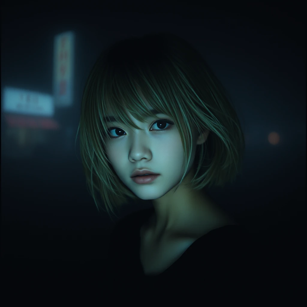 xxmix_girl, asia, 1 girl, fluffy short hair, dark theme, blonde hair, messy hair, film grain, fog, black theme Tyndall,