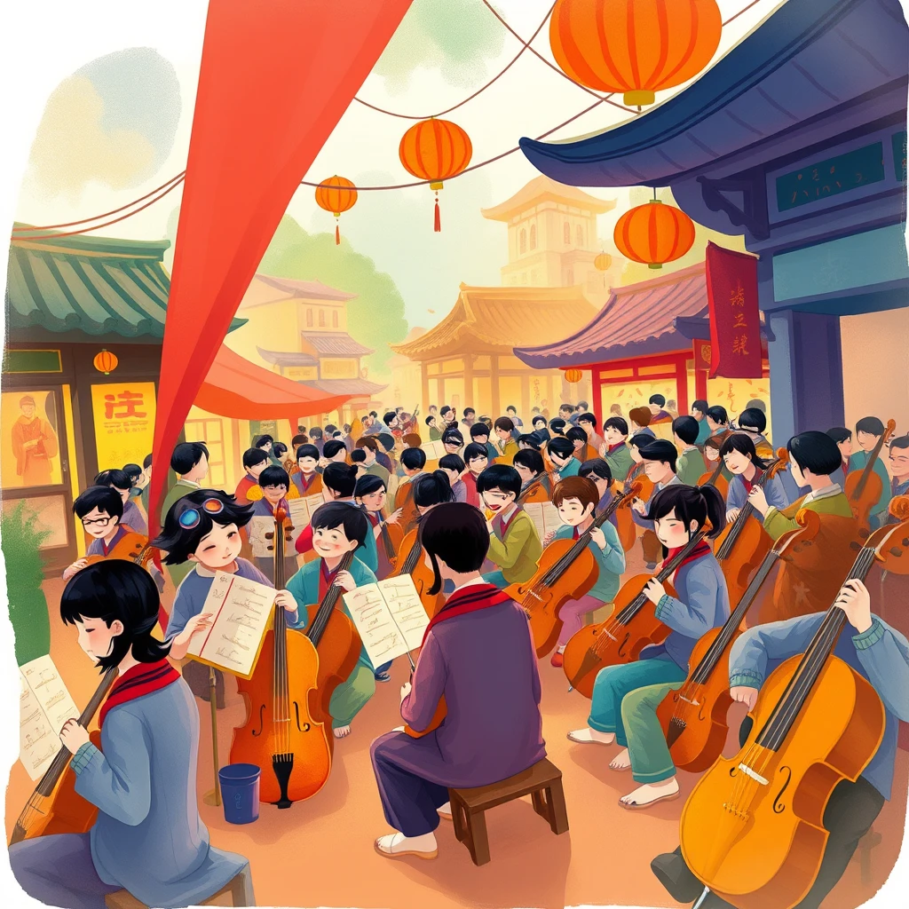   “Create a vibrant and playful illustration featuring a lively ancient marketplace with a whimsical, child-friendly style. 
  Use bold, bright colors and soft, rounded shapes to evoke a sense of wonder and excitement. 
  The atmosphere should be colorful and engaging, with abstract representations of stalls and buildings. 
  For another scene, illustrate a calm riverside with gentle, flowing lines and soft, soothing colors.
  Add a touch of fantasy with imaginative elements to make the environment inviting for children. 
  Consider a festive scene with bright, cheerful decorations and a fun, animated vibe. 
  Ensure the illustrations are highly detailed, with a high level of artistry, and are appealing and engaging for a young audience.”

a group of three hundred people playing musical instruments together in a grand orchestra, with south guo dressed as one of them, trying to blend in and pretend to play the instrument while actually not being able to, everyone is having fun and enjoying the music, beautiful and lively scene, anime style, ((masterpiece))