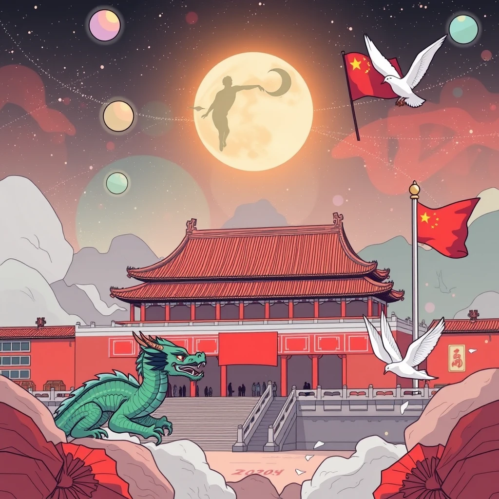 Theme: Building dreams with a united heart, looking towards the future. Content is healthy, with innovative ideas. The comic narrates the tremendous changes that have taken place in the great motherland since the founding of the People's Republic of China 75 years ago. A4 paper size, no text output. The images include a Chinese dragon, Tiananmen, a red flag, and a peace dove, with a sci-fi themed background. - Image