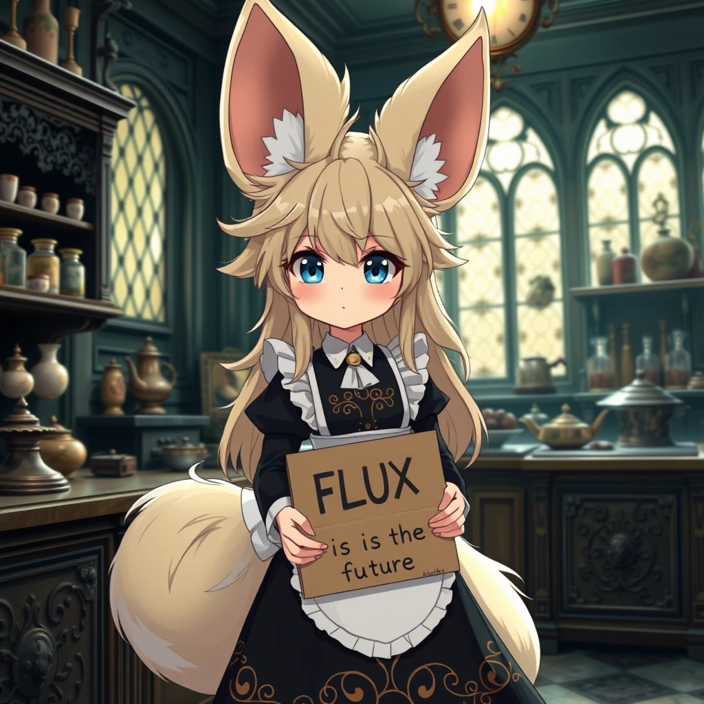 Cute anime girl with massive fluffy fennec ears and a big fluffy tail, blonde messy long hair, blue eyes, wearing a maid outfit with a long black dress featuring a gold leaf pattern and a white apron, holding a cardboard that says "FLUX is the future", in the kitchen of an old dark Victorian mansion with a bright window and very expensive items everywhere.