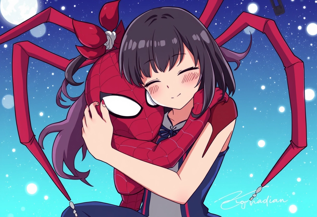 Girl hugs a big spider anime