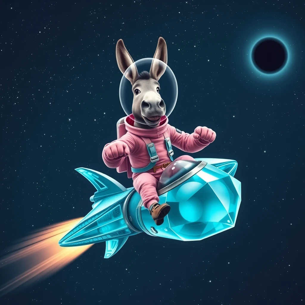 An ambitious donkey wearing pink astronaut costume, riding on a crystal stunning cyan spaceship, making a punching gesture, flying to the outerspace under a clear night sky with lots of shining stars, passing by a huge black-hole. Realistic style.