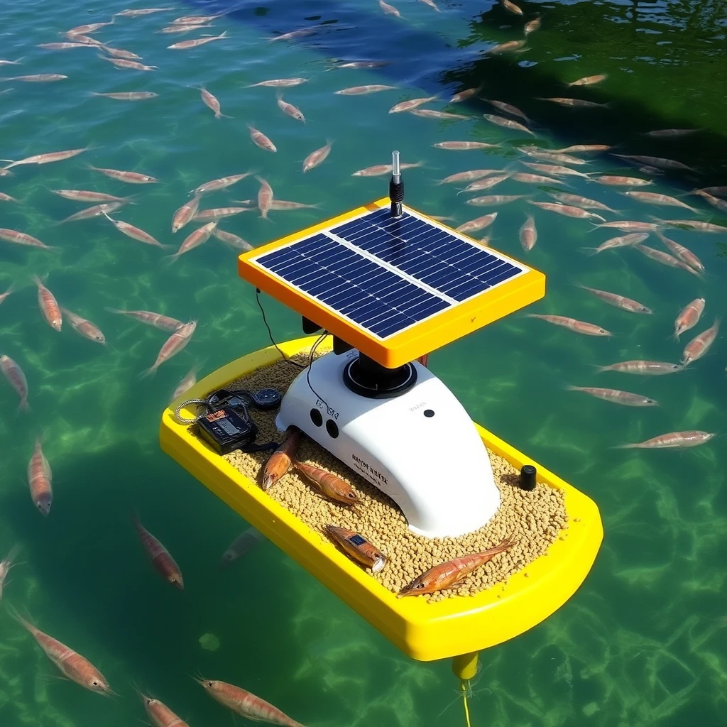 Smart floating feeding system in shrimp aquatic farm, that senses shrimp presence and navigates autonomously there to dispense the food grains, powered by solar panels and can be deployed remotely. - Image