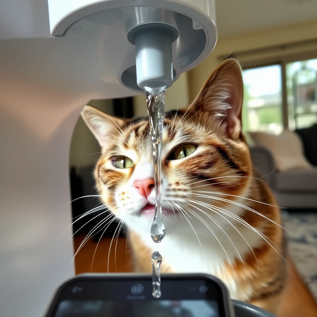 A cat drinking water, captured from the perspective of a mobile phone. The scene is indoors, with the cat's face close to the water stream. The water dispenser is modern and sleek, and the environment is well-lit with natural lighting. The cat is focused on drinking, and the image shows a clear, detailed view of its head and upper body. The background includes a hint of home decor, indicating a cozy living space. - Image