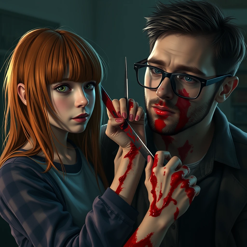 A horror scene; a short, skinny teenage girl with long ginger hair and bangs, green eyes, is cutting a tall young Italian white guy who wears glasses, covered in blood. - Image