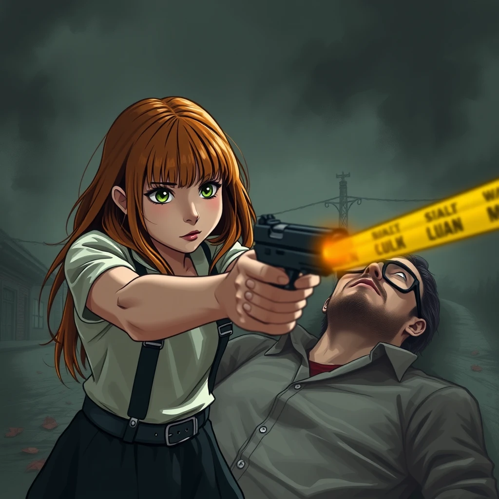 A death scene; a short, skinny teenage girl with long ginger hair and bangs, green eyes, and cute clothes shooting and killing a dead young, skinny, tall Italian white man who wears glasses. - Image