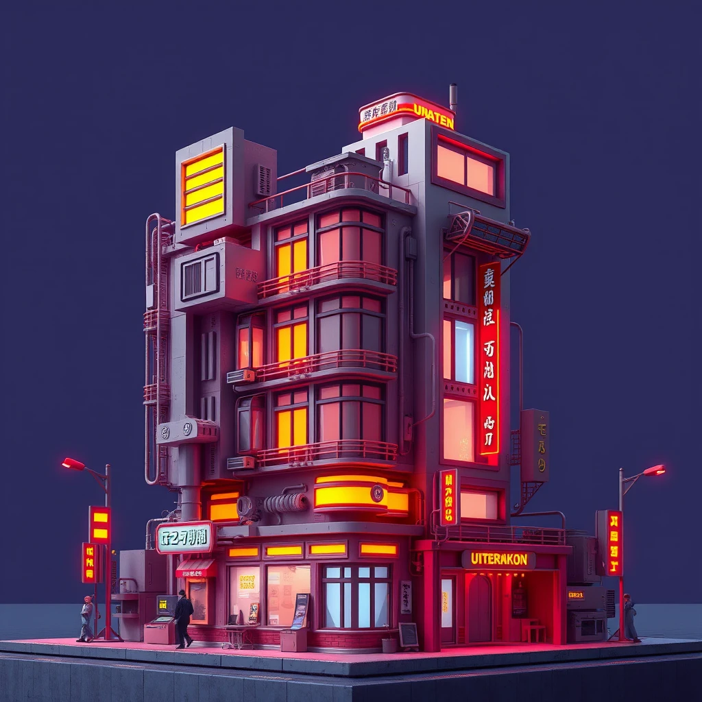  anime building , 3d, cyberpunk, blank background