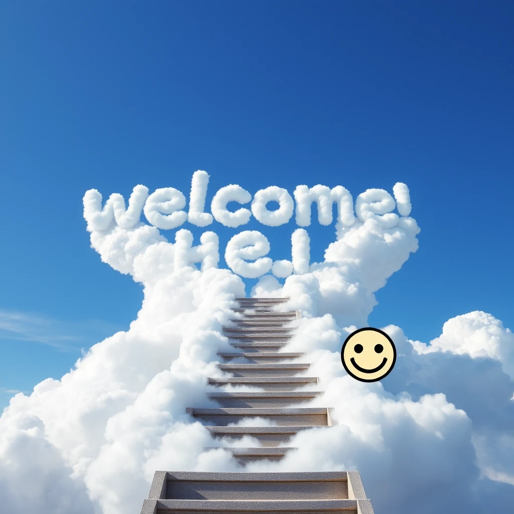 Stairway to heaven and the clouds in the blue sky gather to form the words: welcome hell with a smiley face next to it :)