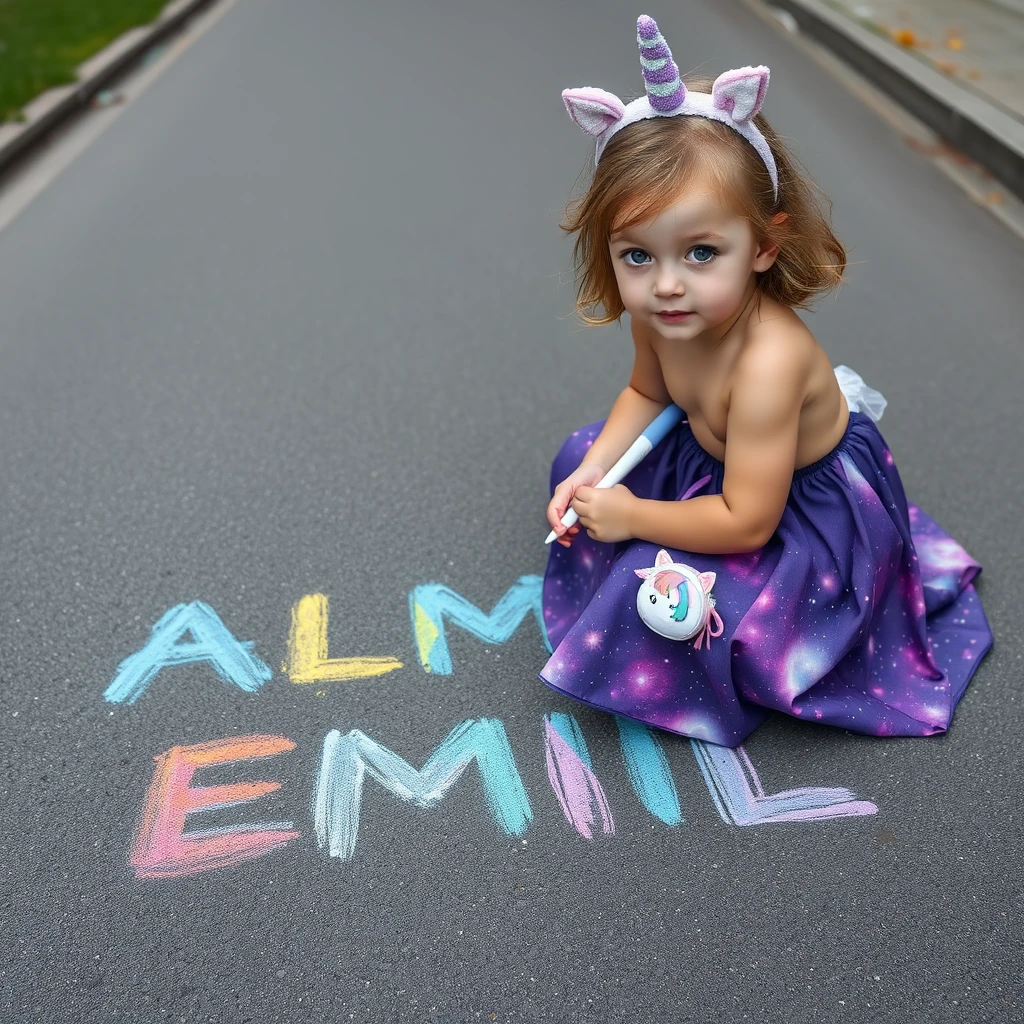 A four-year-old girl with light brown hair. The girl is wearing a long, shirtless, purple galaxy-themed skirt. She has hazel-colored eyes and a Finnish appearance. She is painting with chalks on the street, creating rainbow-colored, readable text that says "ALMA EMIL." The image is photorealistic and high quality. She has a small unicorn bag and is wearing a unicorn cap.