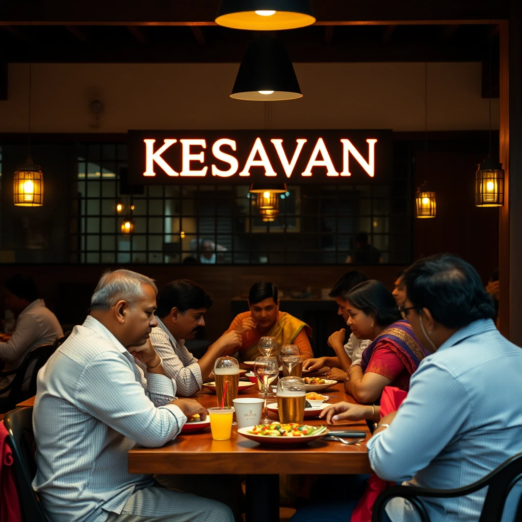 Scenery of Indian people eating at a minimalist traditional aesthetic Chettinad interior Indian restaurant with signage written "KESAVAN," bokeh, golden hour, white and dark blue and maroon theme color. - Image