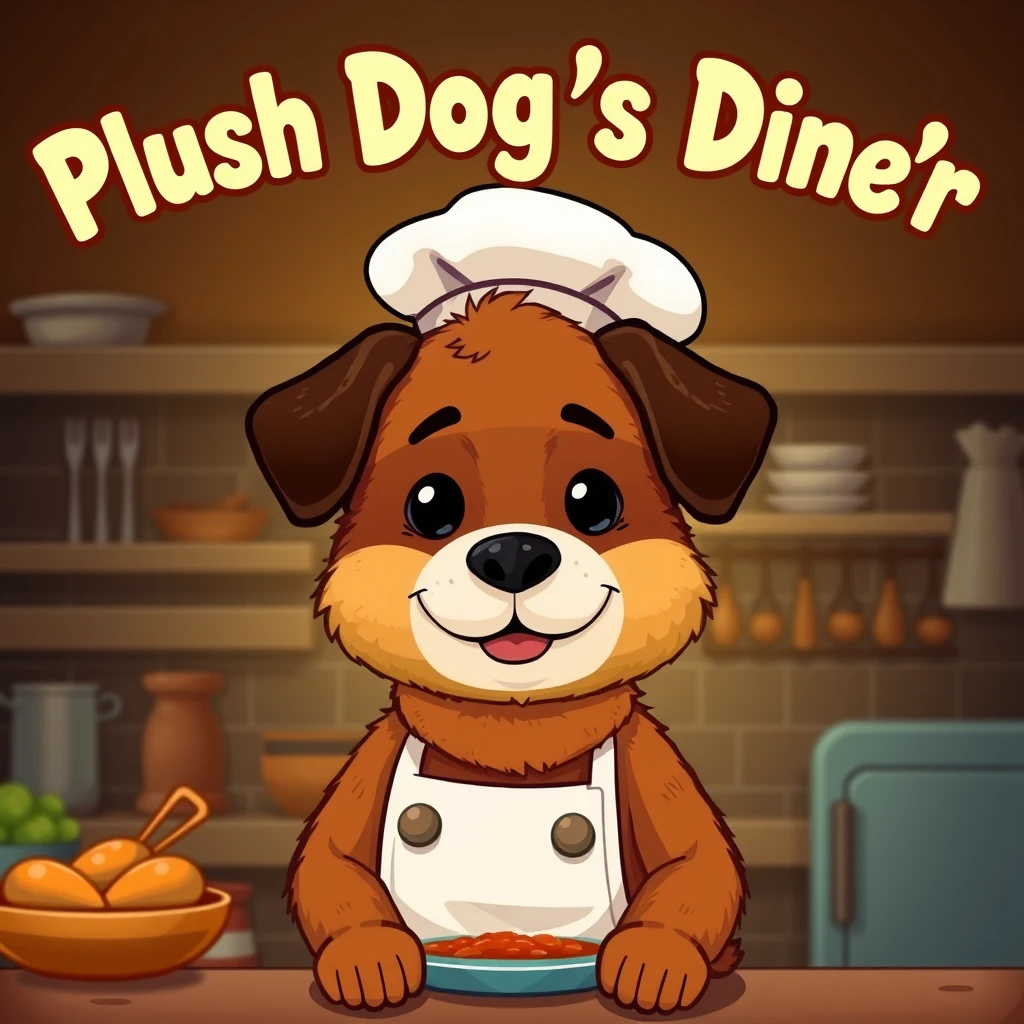 A title screen for a cartoony but photorealistic game about a cute dog chef who works in a kitchen; the dog should be entirely brown and made of fuzzy fur. The text above the dog should say "Plush Dog's Diner." The title screen should be quite dark. The dog should not have any white on its face, only brown. The dog should have dark brown ears.