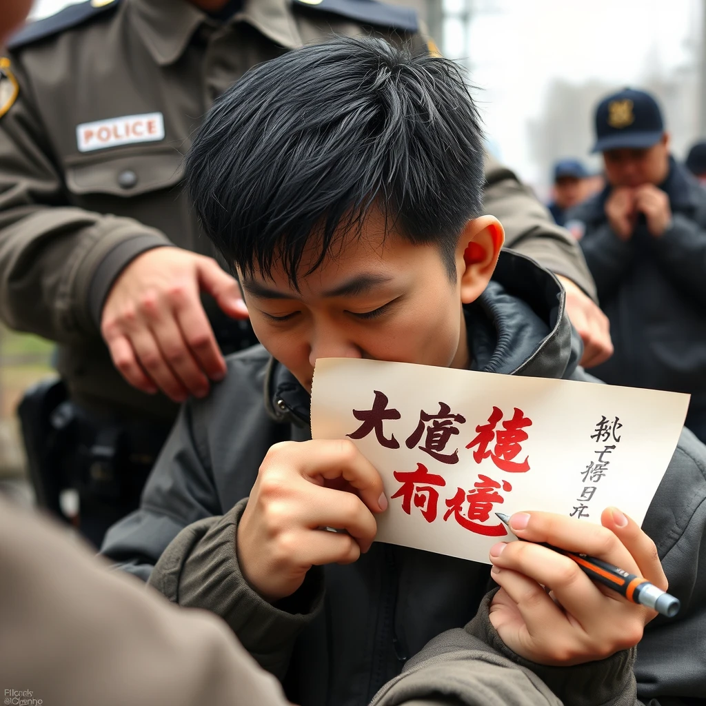 A Chinese young man was being arrested by a policeman; he is madly writing calligraphy on a paper, the paper reads: "The economy is not doing well."