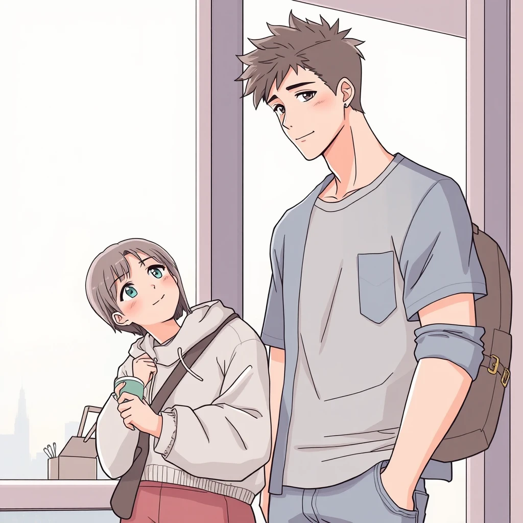 young couple's daily life, handsome tall boy, anime lineart. - Image