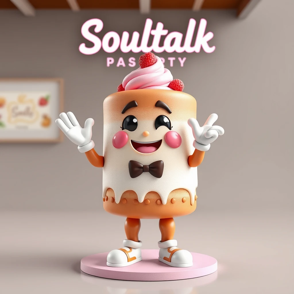 Create a realistic 3D mascot for a pastry cafe called Soultalk Pastry. The body should have parts that resemble a cake. It should feature inviting poses. - Image